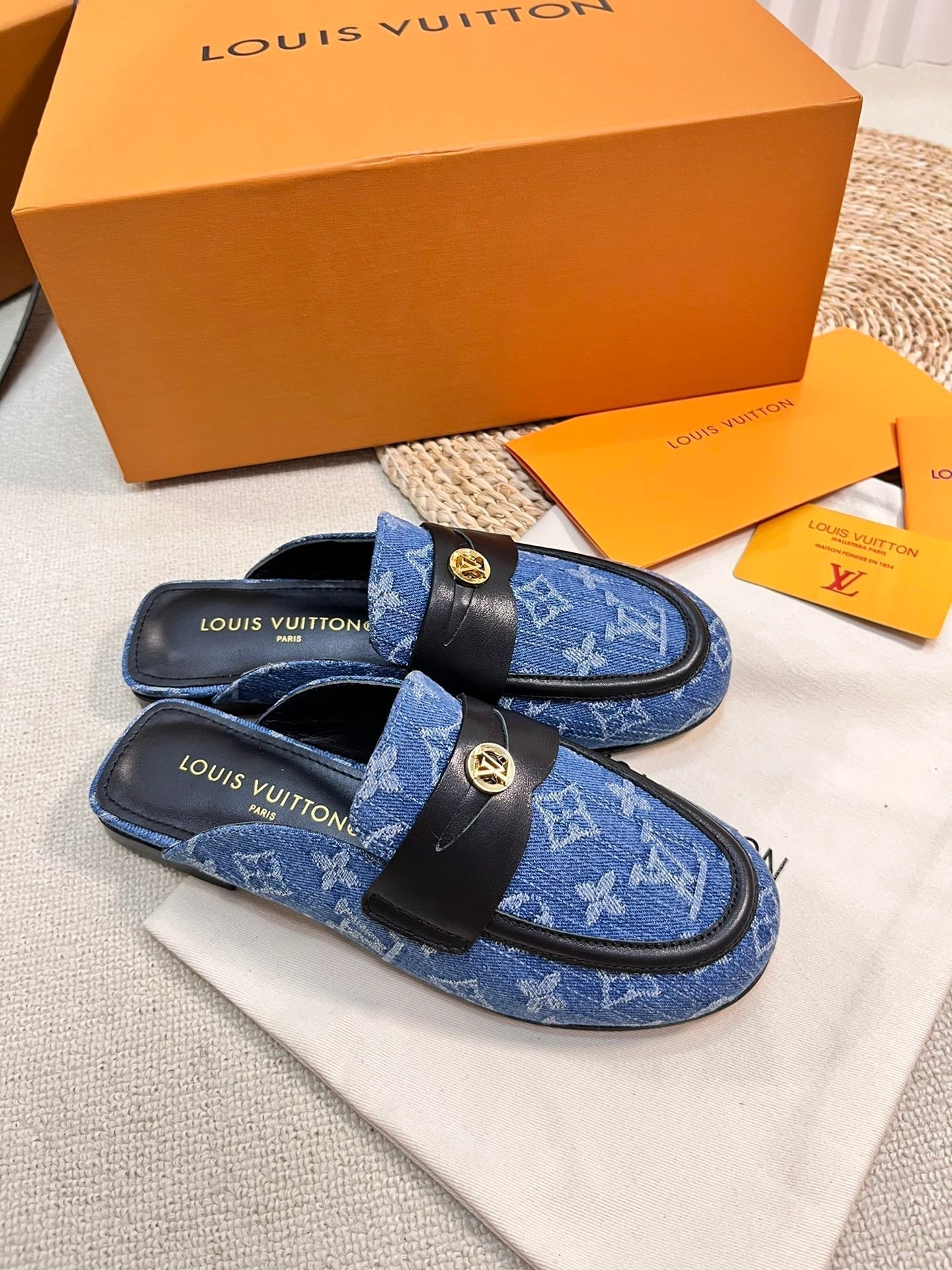 LOUIS VUITTON LV CAPRI OPEN BACK LOAFERS IN COBALT BLUE MONOGRAM DENIM