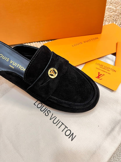 LOUIS VUITTON LV CAPRI OPEN BACK LOAFERS IN BLACK SUEDE