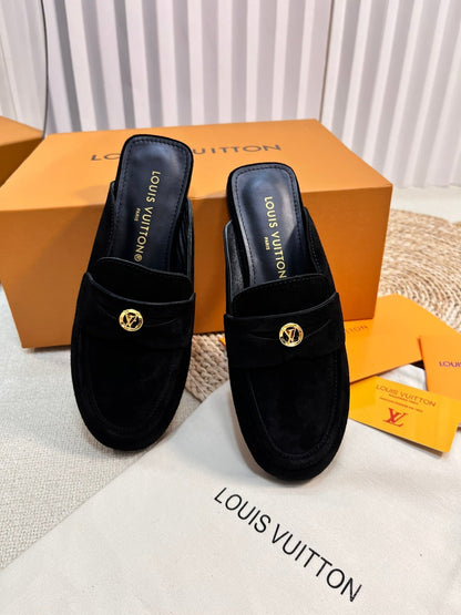 LOUIS VUITTON LV CAPRI OPEN BACK LOAFERS IN BLACK SUEDE