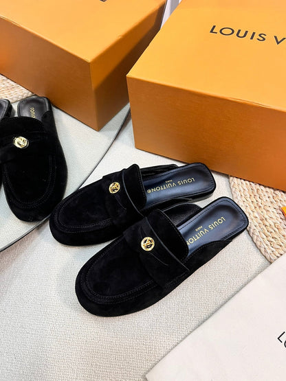 LOUIS VUITTON LV CAPRI OPEN BACK LOAFERS IN BLACK SUEDE