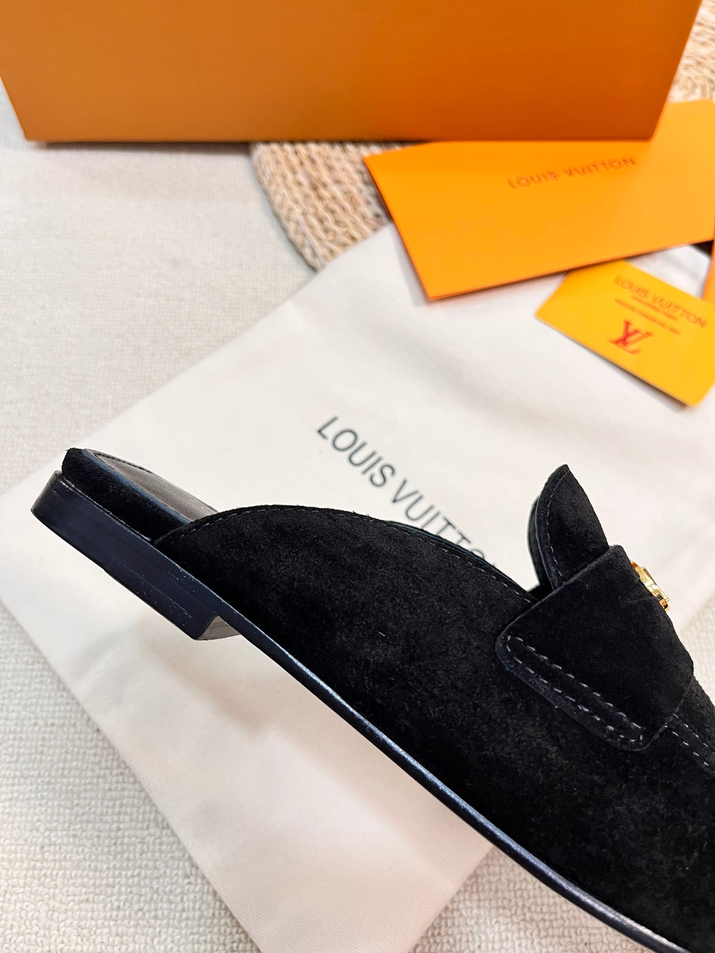 LOUIS VUITTON LV CAPRI OPEN BACK LOAFERS IN BLACK SUEDE