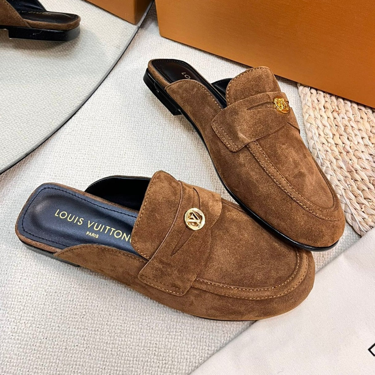 LOUIS VUITTON LV CAPRI OPEN BACK LOAFERS IN CHOCOLATE BROWN SUEDE