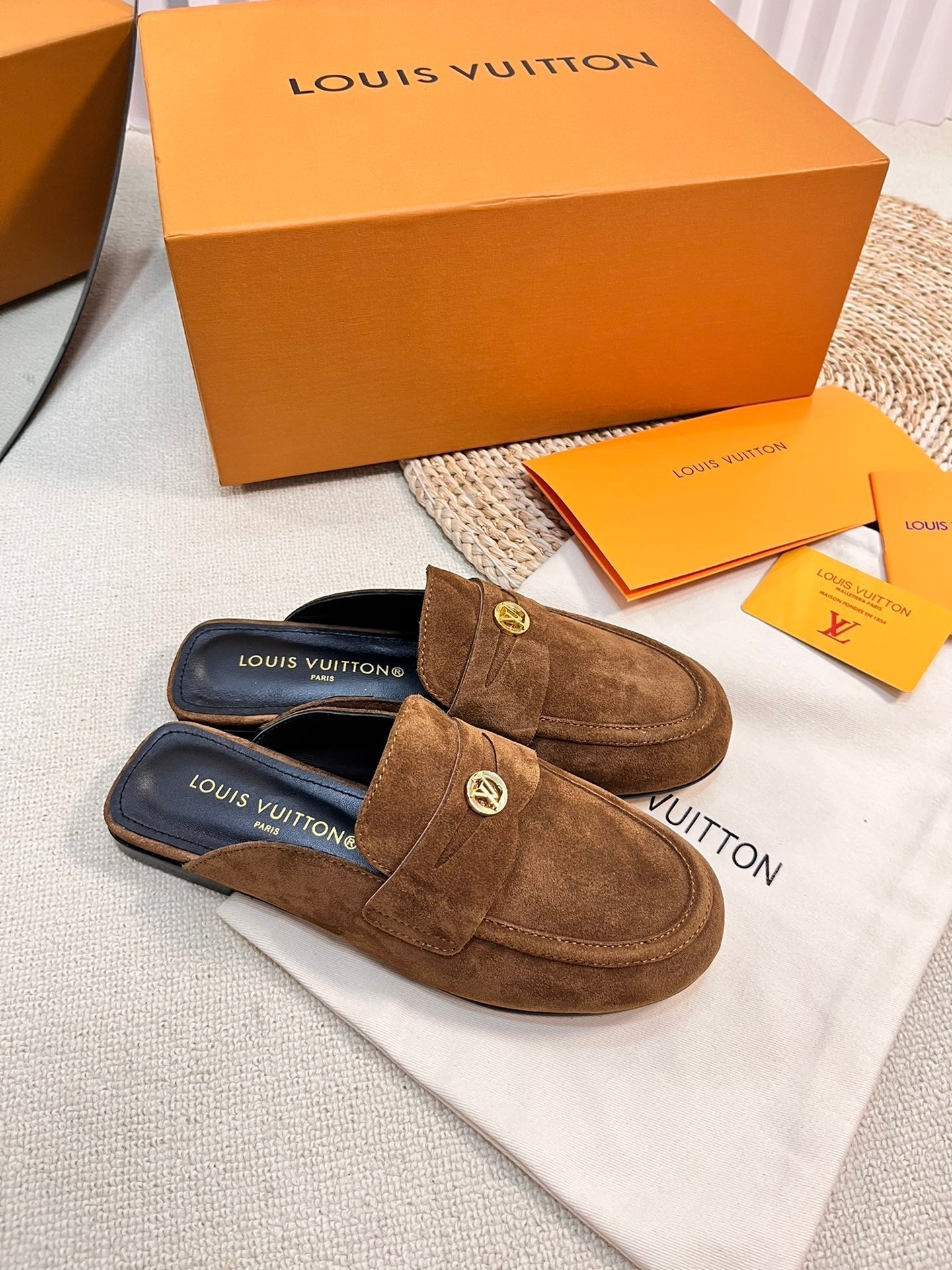 LOUIS VUITTON LV CAPRI OPEN BACK LOAFERS IN CHOCOLATE BROWN SUEDE