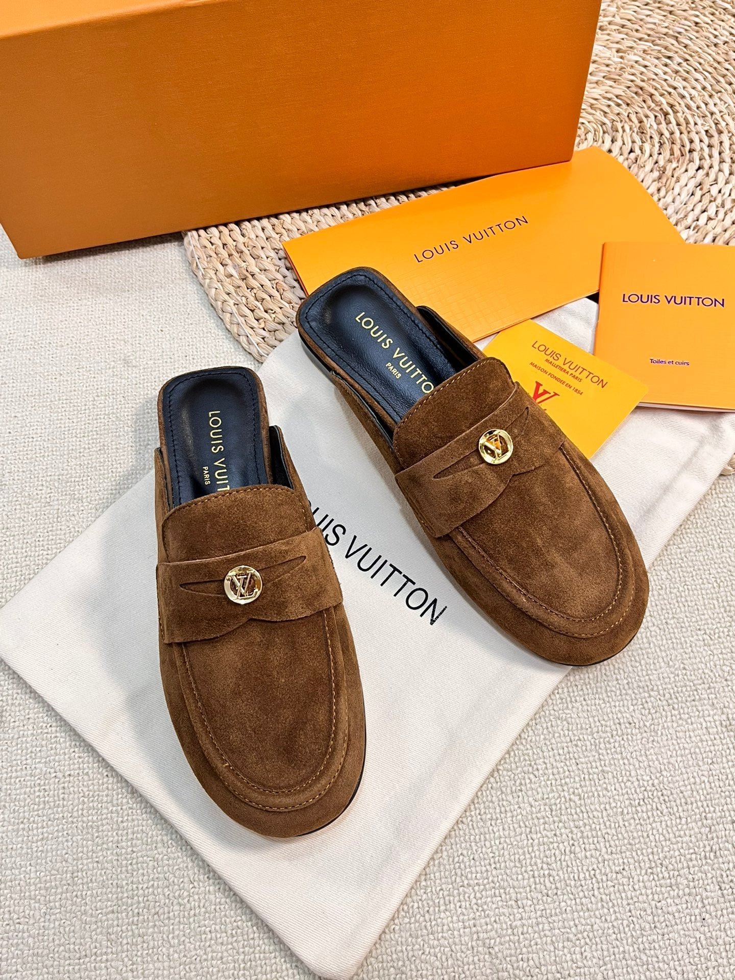 LOUIS VUITTON LV CAPRI OPEN BACK LOAFERS IN CHOCOLATE BROWN SUEDE