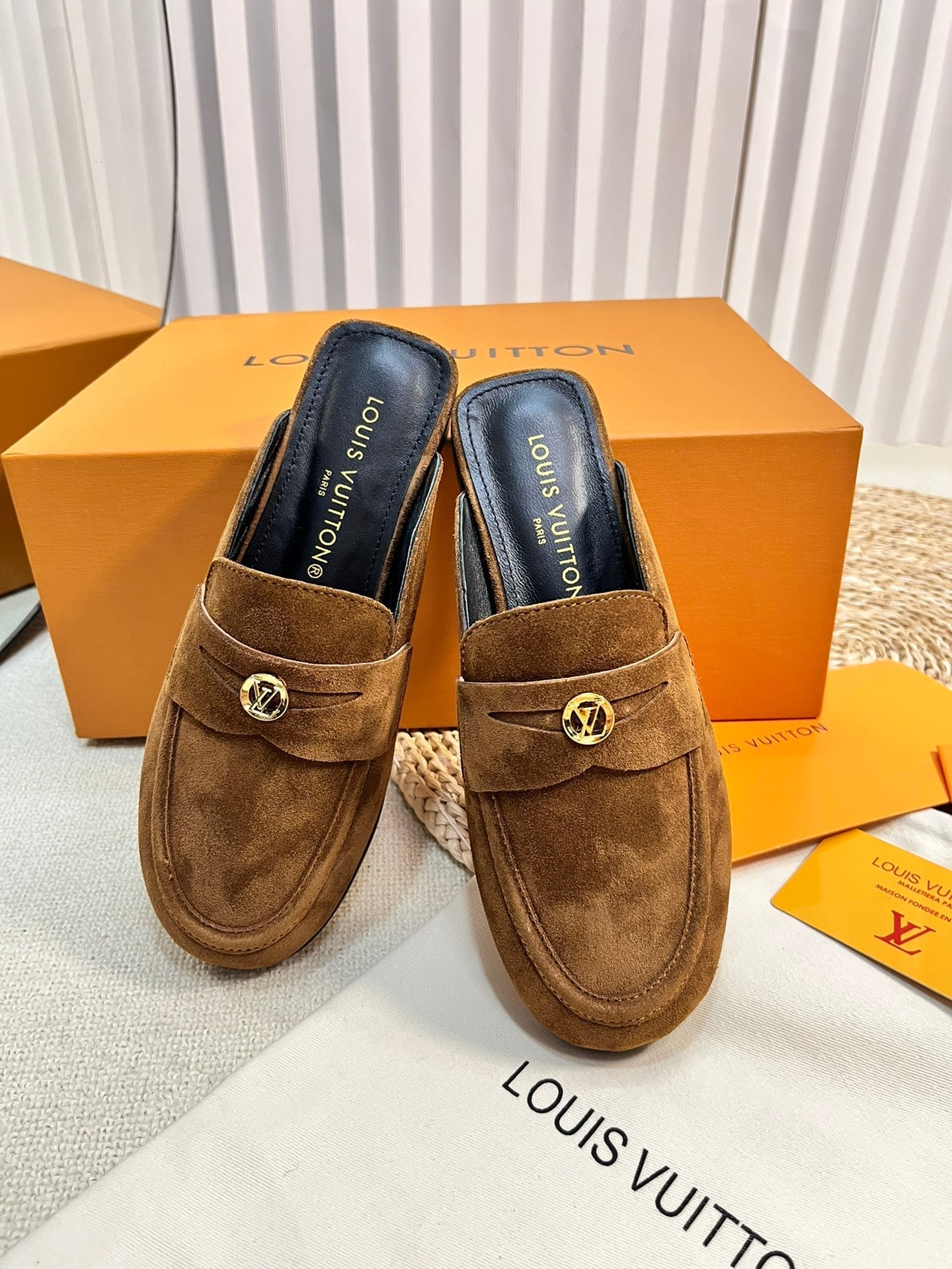 LOUIS VUITTON LV CAPRI OPEN BACK LOAFERS IN CHOCOLATE BROWN SUEDE