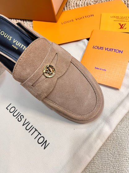 LOUIS VUITTON LV CAPRI OPEN BACK LOAFERS IN MEDIUM BROWN SUEDE