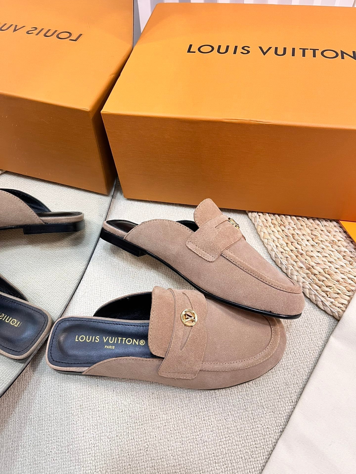 LOUIS VUITTON LV CAPRI OPEN BACK LOAFERS IN MEDIUM BROWN SUEDE