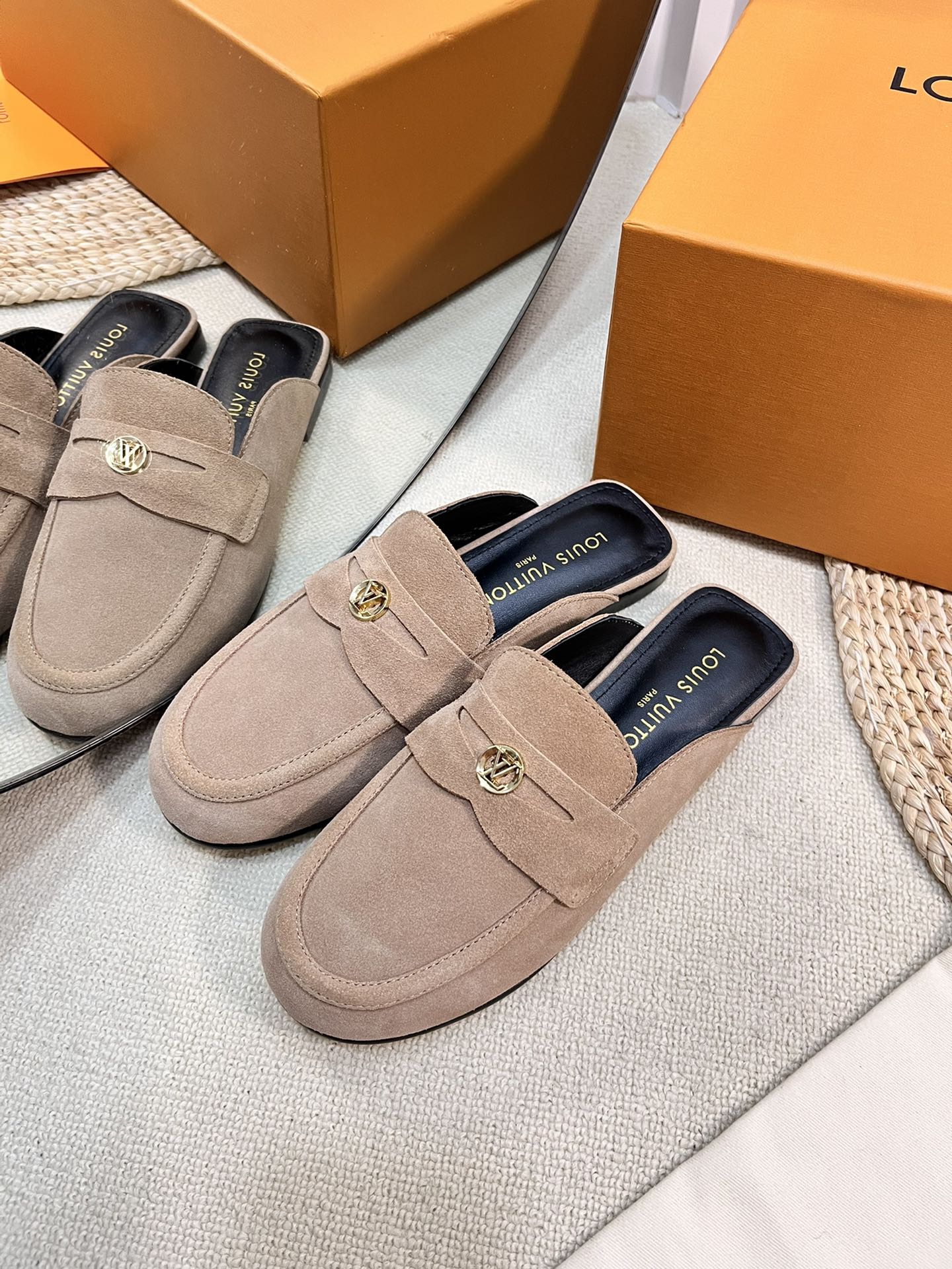 LOUIS VUITTON LV CAPRI OPEN BACK LOAFERS IN MEDIUM BROWN SUEDE