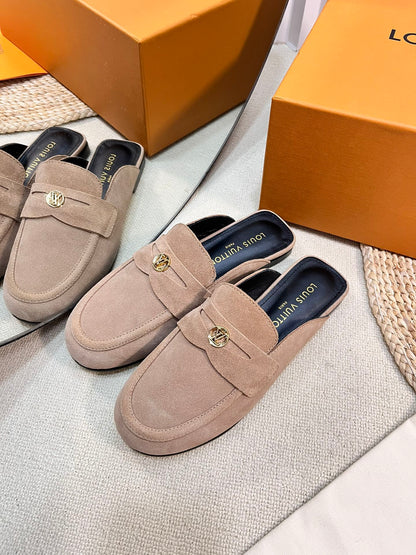 LOUIS VUITTON LV CAPRI OPEN BACK LOAFERS IN MEDIUM BROWN SUEDE