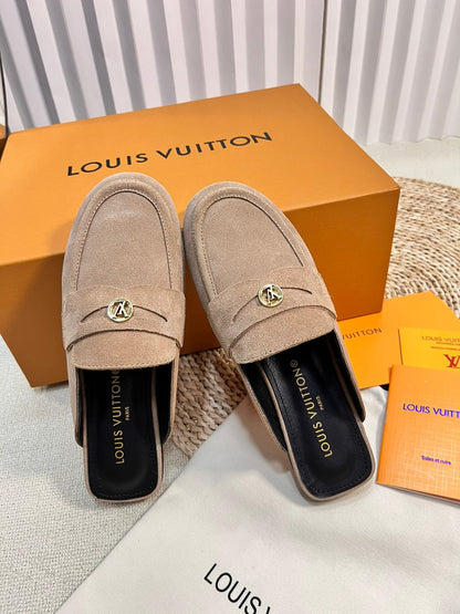 LOUIS VUITTON LV CAPRI OPEN BACK LOAFERS IN MEDIUM BROWN SUEDE