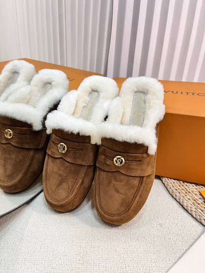 LOUIS VUITTON LV COSY FLAT COMFORT CLOG IN RUSSET BROWN SUEDE AND SHEARLING LINING