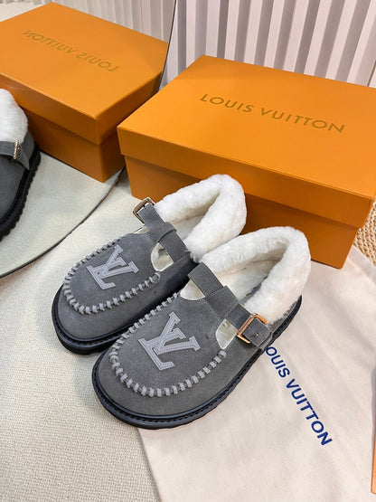 LOUIS VUITTON COLORADO COMFORT MARY JANE IN SHADOW GRAY SUEDE AND SHEARLING LINING