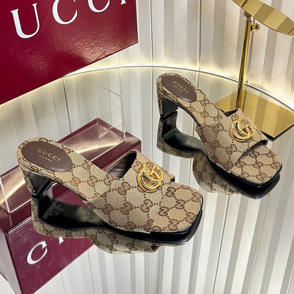 GUCCI 26S HIGH-HEELED SANDALS 45 MM IN WARM BEIGE CANVAS