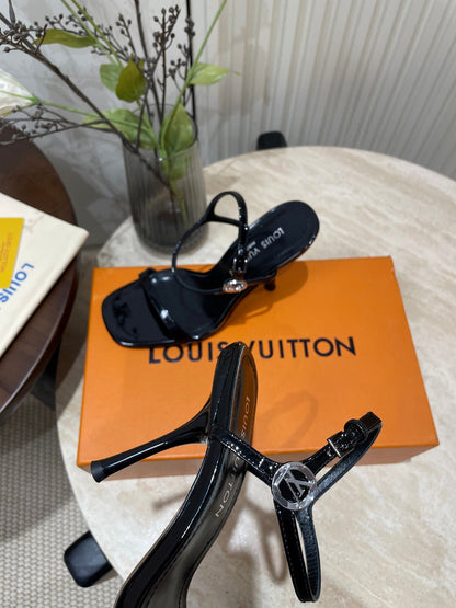 LOUIS VUITTON 6AM HIGH SANDAL 95 MM IN BLACK PATENT LAMBSKIN