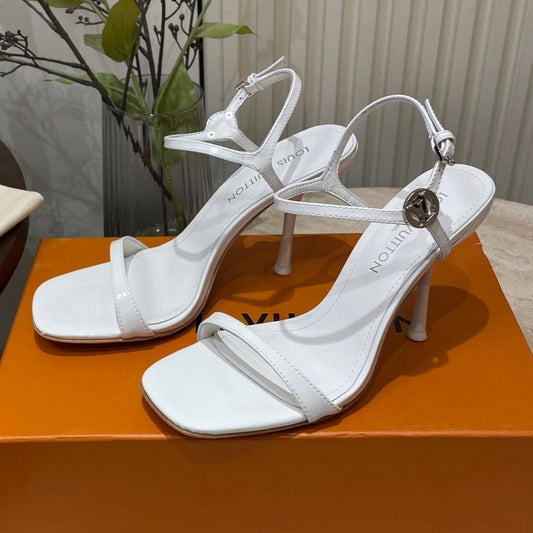 LOUIS VUITTON 6AM HIGH SANDAL 95 MM IN WHITE PATENT LAMBSKIN