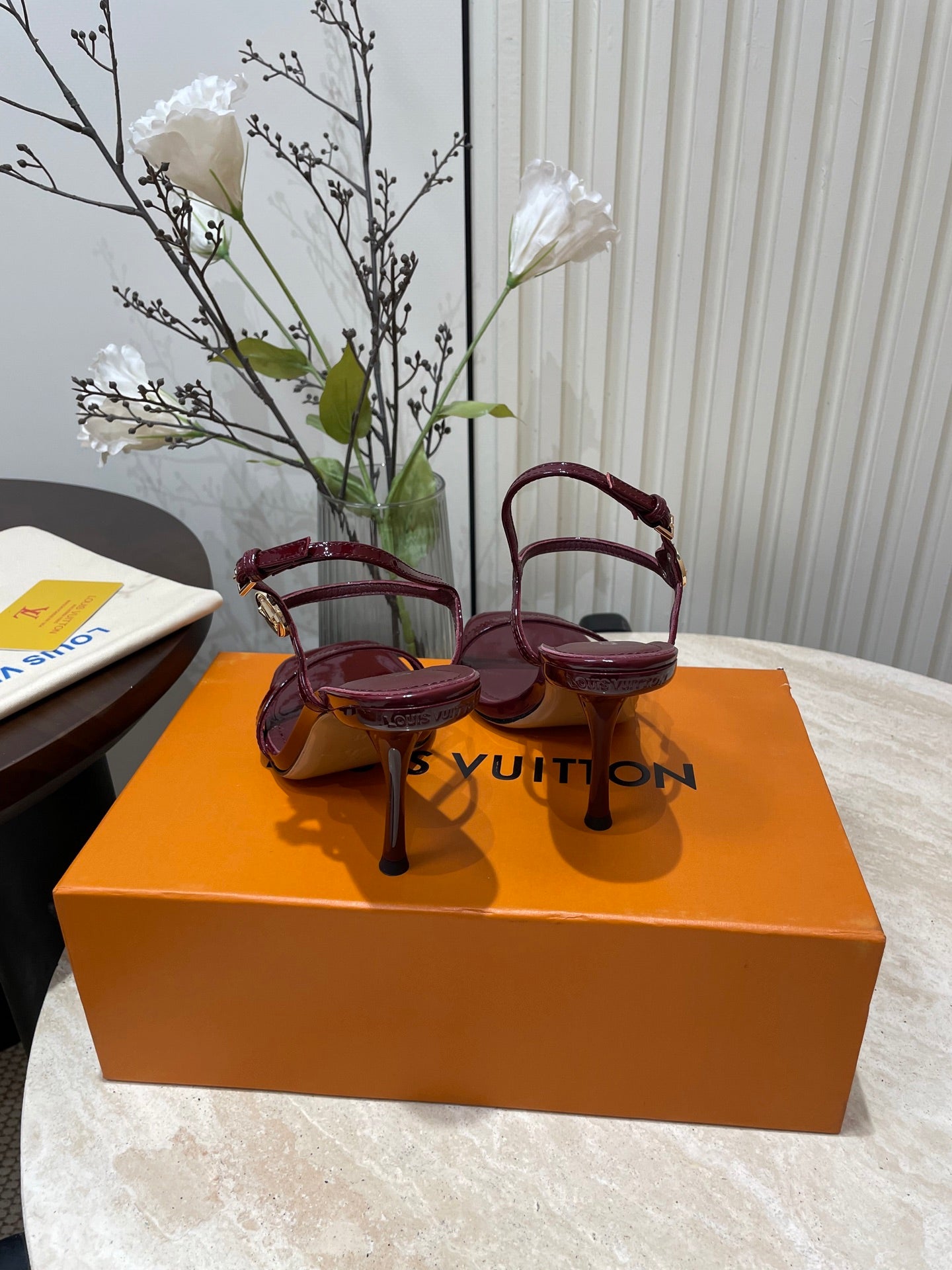 LOUIS VUITTON 6AM HIGH SANDAL 95 MM IN WINE RED PATENT LAMBSKIN