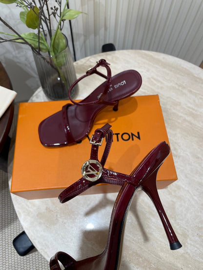 LOUIS VUITTON 6AM HIGH SANDAL 95 MM IN WINE RED PATENT LAMBSKIN