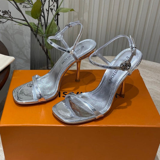 LOUIS VUITTON 6AM HIGH SANDAL 95 MM IN SILVER LAMBSKIN
