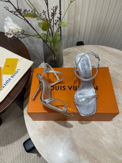 LOUIS VUITTON 6AM HIGH SANDAL 95 MM IN SILVER LAMBSKIN
