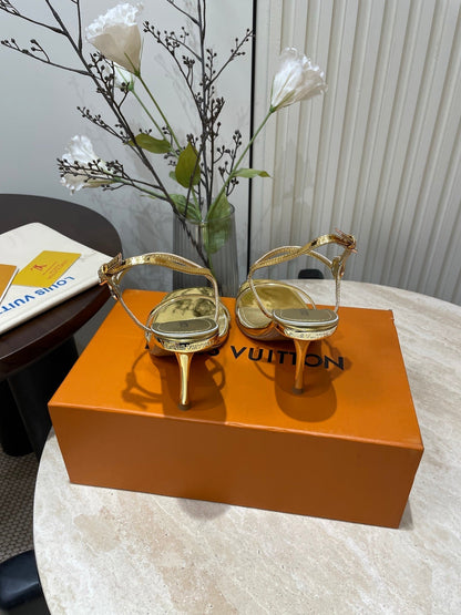 LOUIS VUITTON 6AM HIGH SANDAL 95 MM IN GOLD LAMBSKIN