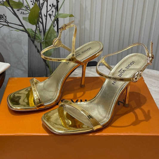 LOUIS VUITTON 6AM HIGH SANDAL 95 MM IN GOLD LAMBSKIN