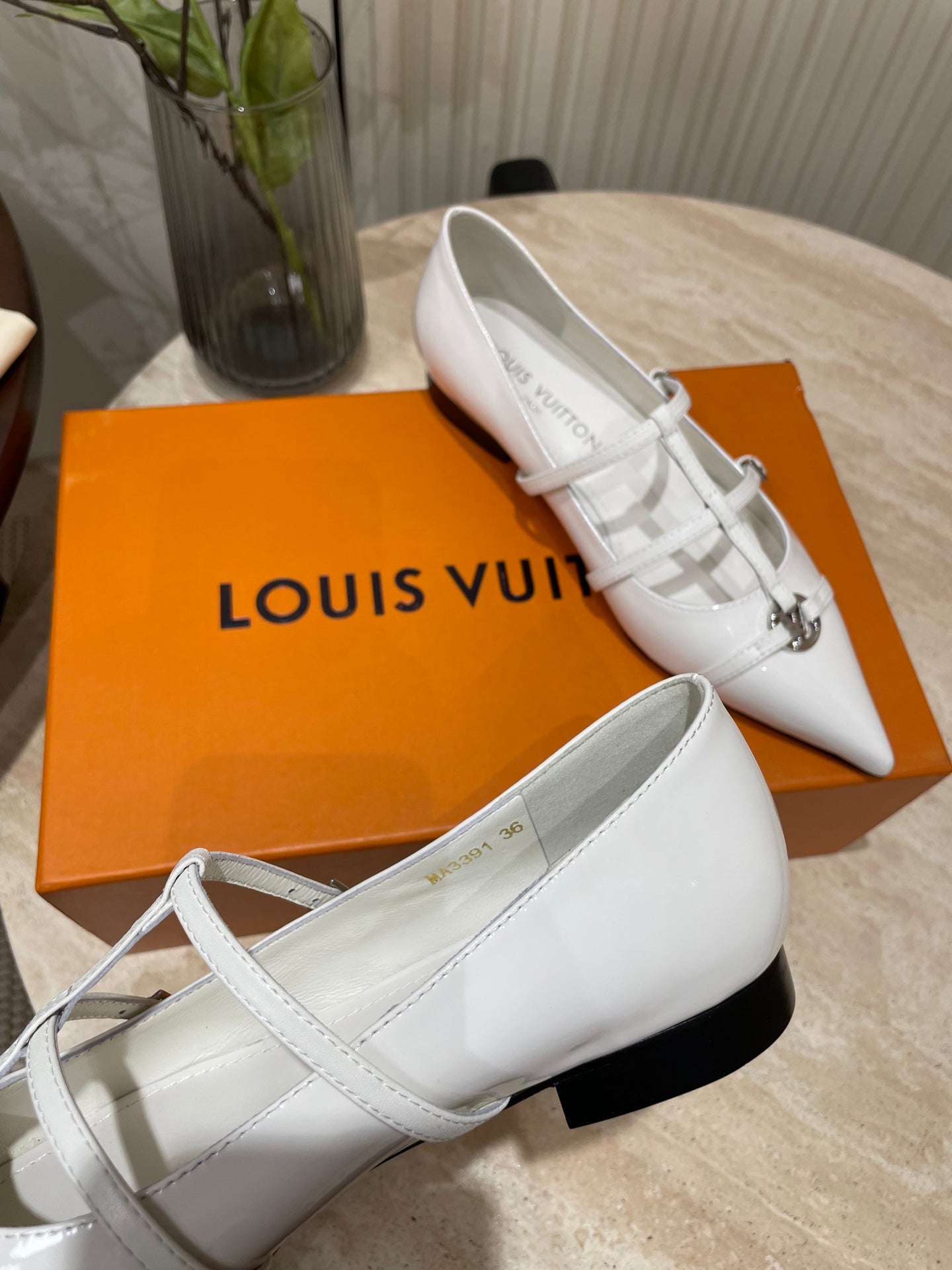 LOUIS VUITTON POINTED-TOE TRIPLE-STRAP BALLET FLAT IN WHITE PATENT CALFSKIN