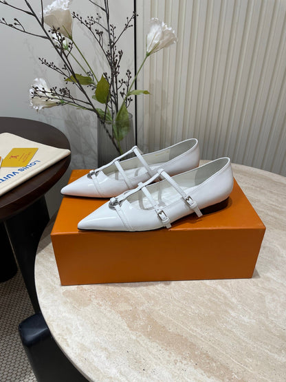 LOUIS VUITTON POINTED-TOE TRIPLE-STRAP BALLET FLAT IN WHITE PATENT CALFSKIN