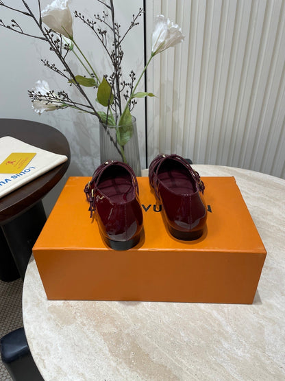 LOUIS VUITTON POINTED-TOE TRIPLE-STRAP BALLET FLAT IN BURGUNDY RED PATENT CALFSKIN