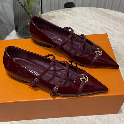 LOUIS VUITTON POINTED-TOE TRIPLE-STRAP BALLET FLAT IN BURGUNDY RED PATENT CALFSKIN