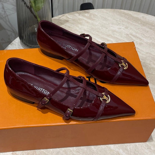 LOUIS VUITTON POINTED-TOE TRIPLE-STRAP BALLET FLAT IN BURGUNDY RED PATENT CALFSKIN