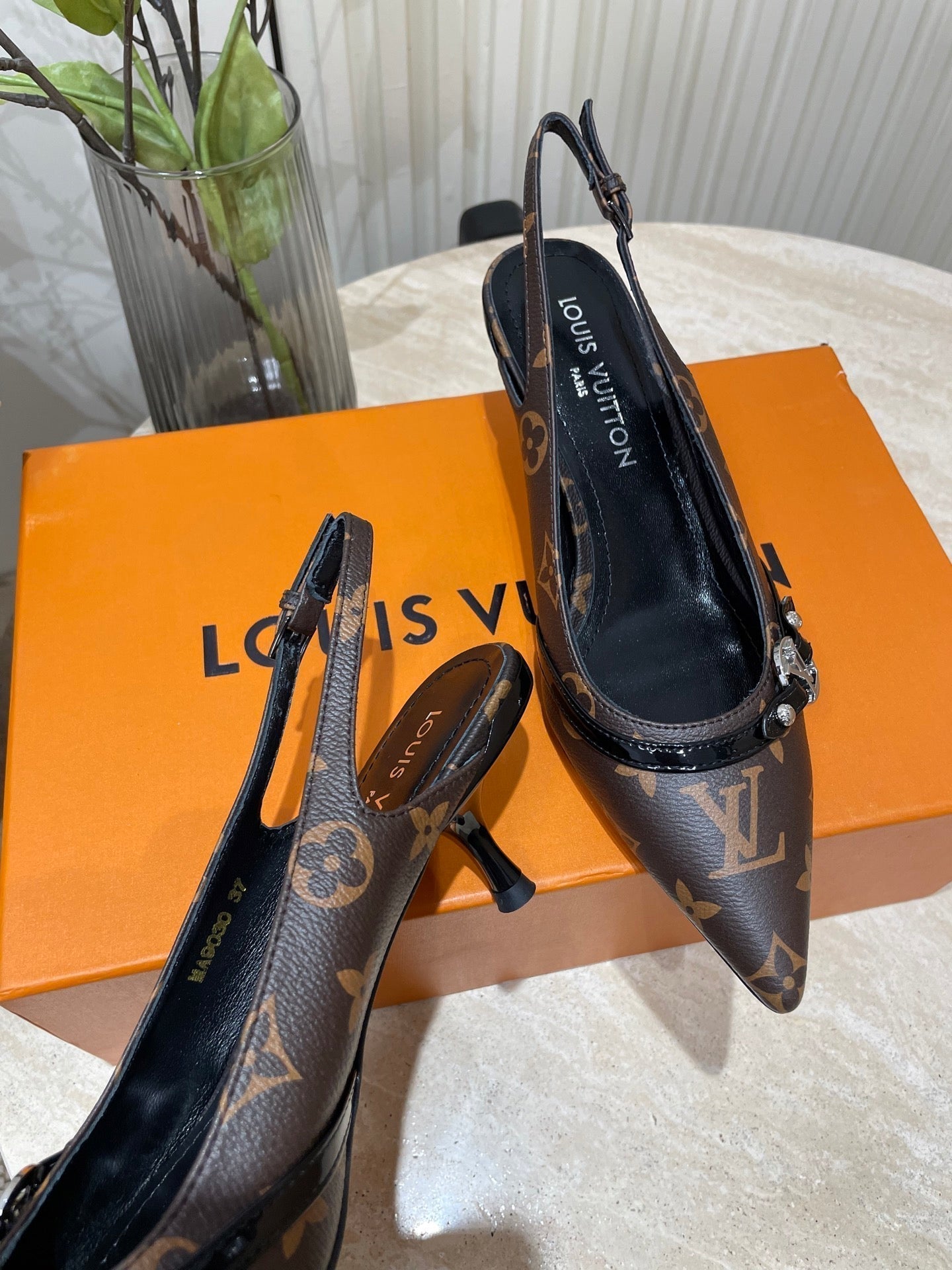 LOUIS VUITTON HIGH SLINGBACKS 5 CM IN CHOCOLATE BROWN MONOGRAM CALFSKIN
