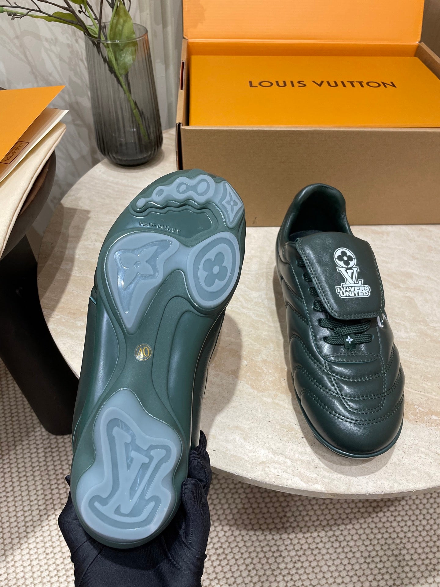LOUIS VUITTON FOOTPRINT SOCCER SNEAKER IN FOREST GREEN CALFSKIN