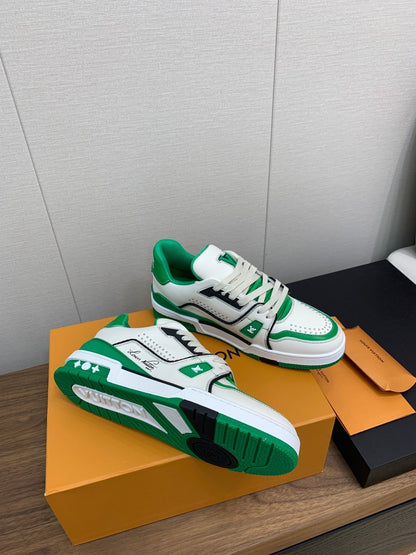 LOUIS VUITTON LV WOMEN'S TRAINER IN WHITE MIX GREEN CALFSKIN