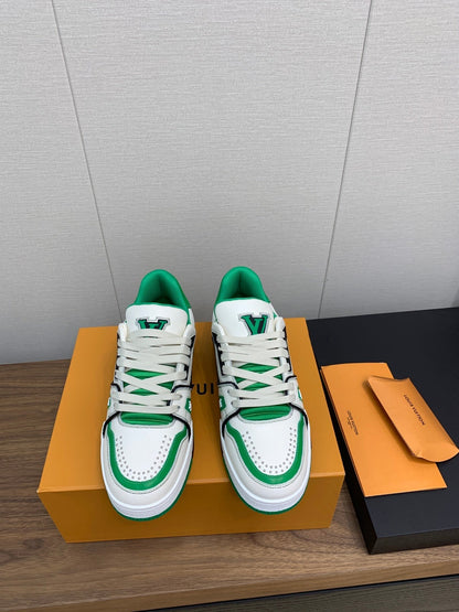 LOUIS VUITTON LV WOMEN'S TRAINER IN WHITE MIX GREEN CALFSKIN