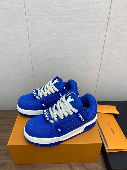 LOUIS VUITTON LV WOMEN'S TRAINER IN COBALT BLUE JACQUARD AND CALFSKIN