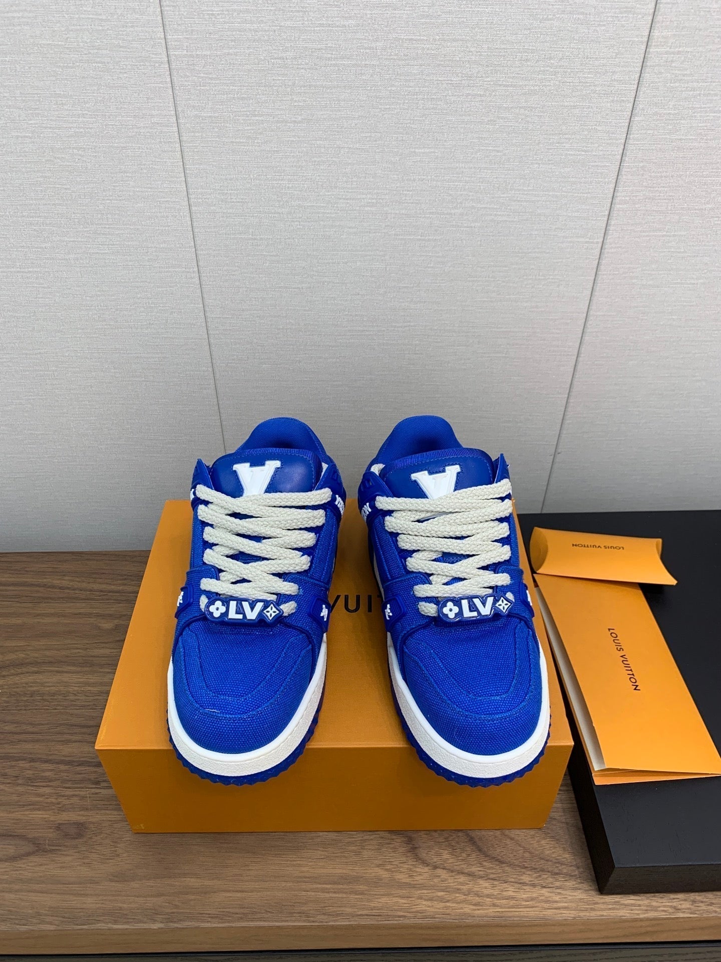 LOUIS VUITTON LV WOMEN'S TRAINER IN COBALT BLUE JACQUARD AND CALFSKIN
