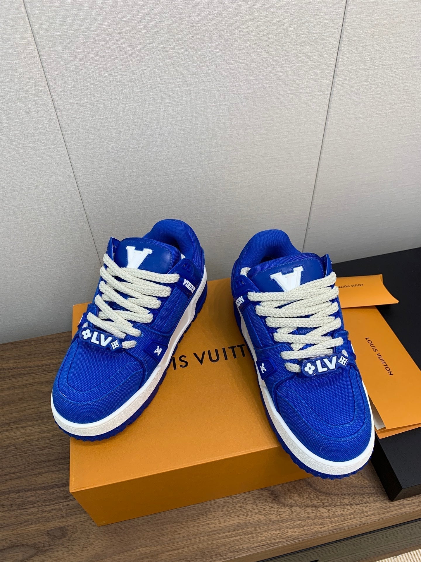LOUIS VUITTON LV WOMEN'S TRAINER IN COBALT BLUE JACQUARD AND CALFSKIN