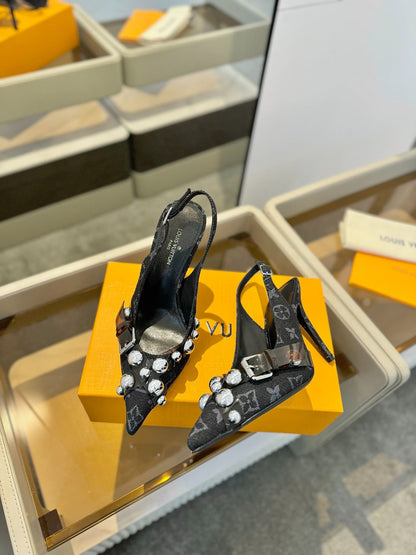 LOUIS VUITTON HIGH HEELS 95 MM IN BLACK MONOGRAM DENIM WITH CRYSTALS