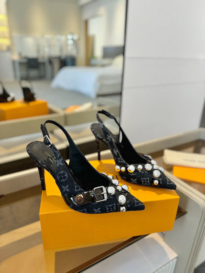LOUIS VUITTON HIGH HEELS 95 MM IN BLACK MONOGRAM DENIM WITH CRYSTALS