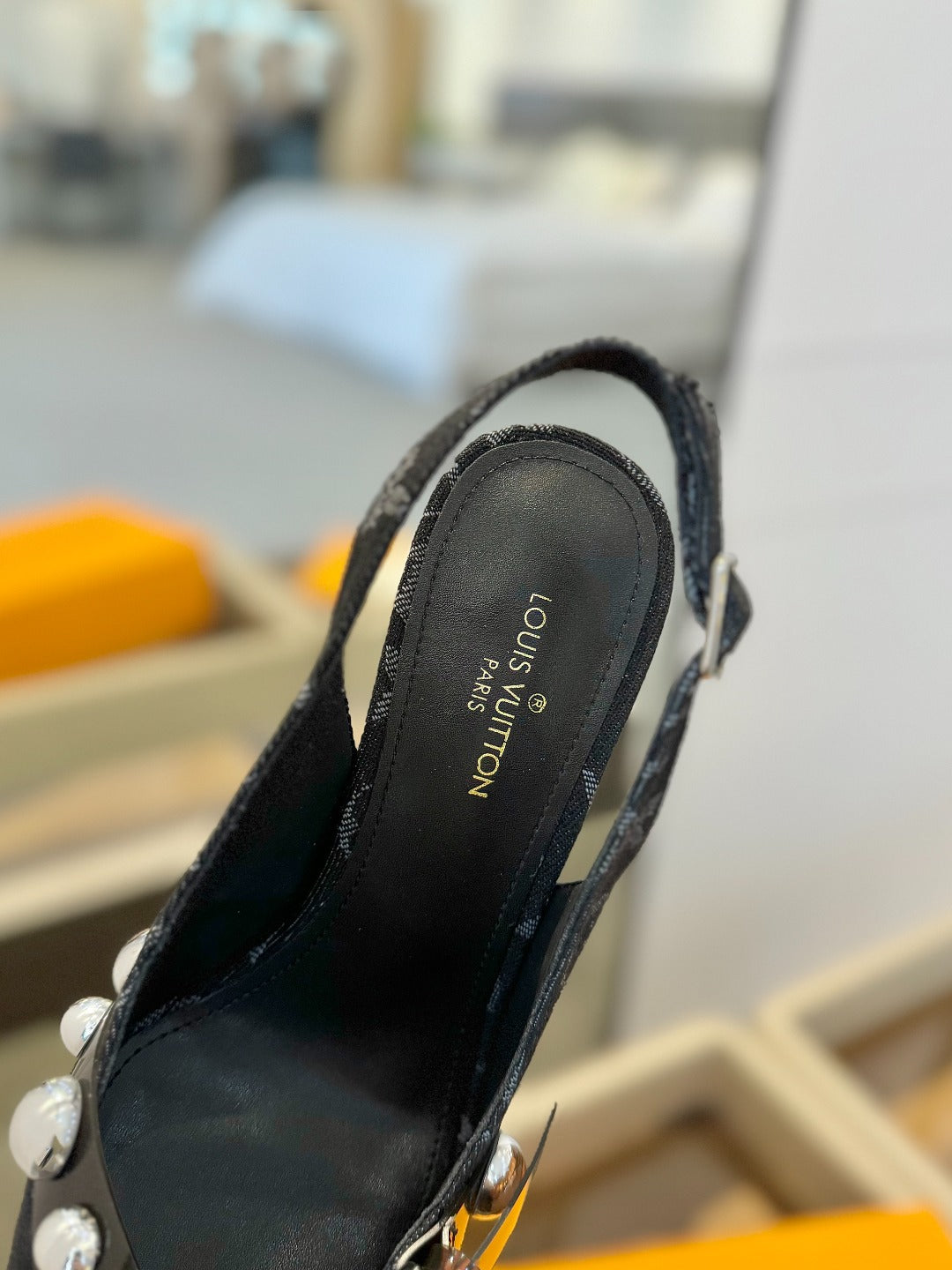 LOUIS VUITTON HIGH HEELS 95 MM IN BLACK MONOGRAM DENIM WITH CRYSTALS