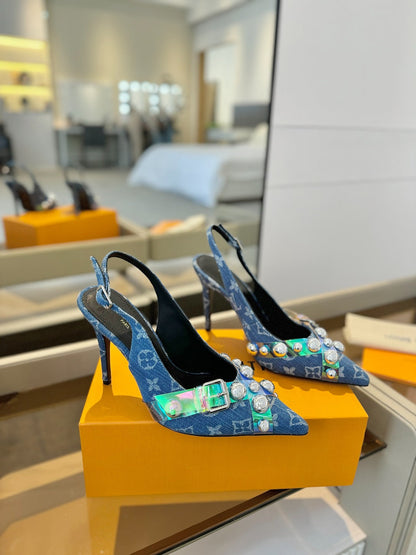 LOUIS VUITTON HIGH HEELS 95 MM IN CLASSIC BLUE MONOGRAM DENIM WITH CRYSTALS