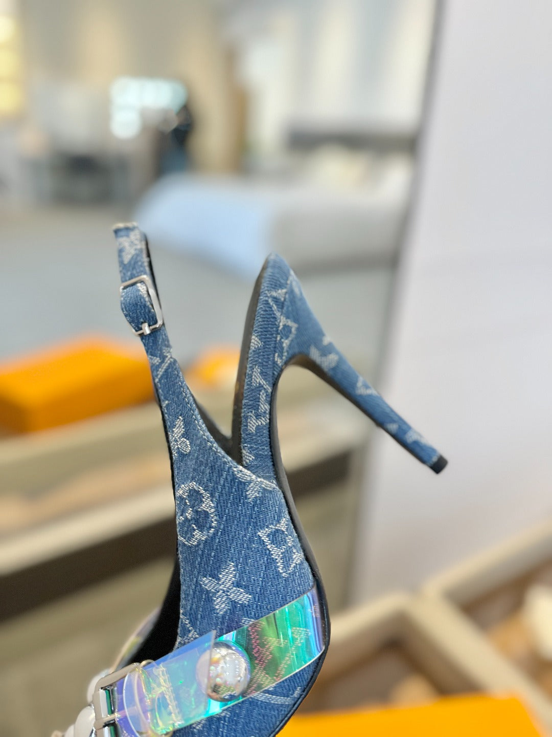 LOUIS VUITTON HIGH HEELS 95 MM IN CLASSIC BLUE MONOGRAM DENIM WITH CRYSTALS