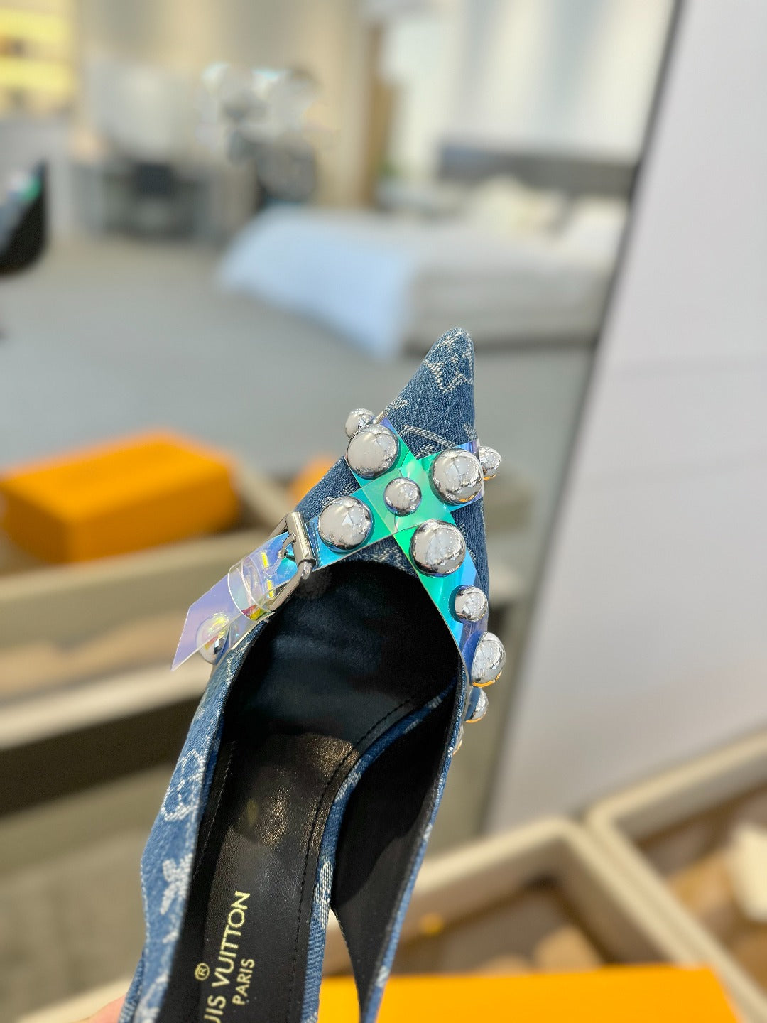 LOUIS VUITTON HIGH HEELS 95 MM IN CLASSIC BLUE MONOGRAM DENIM WITH CRYSTALS