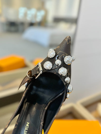 LOUIS VUITTON HIGH HEELS 95 MM IN CHOCOLATE BROWN MONOGRAM CALFSKIN WITH CRYSTALS