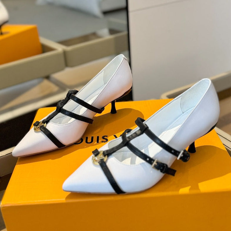 LOUIS VUITTON HIGH PUMP 5 CM TRIPLE-STRAP IN WHITE CALFSKIN WITH BLACK STRAP