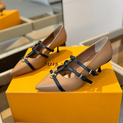 LOUIS VUITTON HIGH PUMP 5 CM TRIPLE-STRAP IN CIDER BROWN CALFSKIN WITH BLACK STRAP