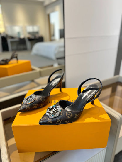 LOUIS VUITTON HIGH HEEL 75 MM SLINGBACK IN CHOCOLATE BROWN MONOGRAM CALFSKIN WITH CRYSTAL
