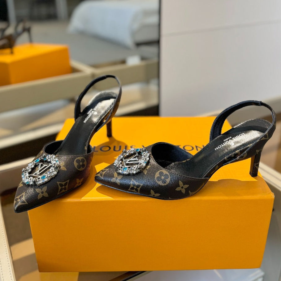 LOUIS VUITTON HIGH HEEL 75 MM SLINGBACK IN CHOCOLATE BROWN MONOGRAM CALFSKIN WITH CRYSTAL