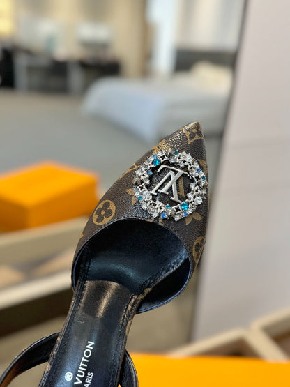 LOUIS VUITTON HIGH HEEL 75 MM SLINGBACK IN CHOCOLATE BROWN MONOGRAM CALFSKIN WITH CRYSTAL