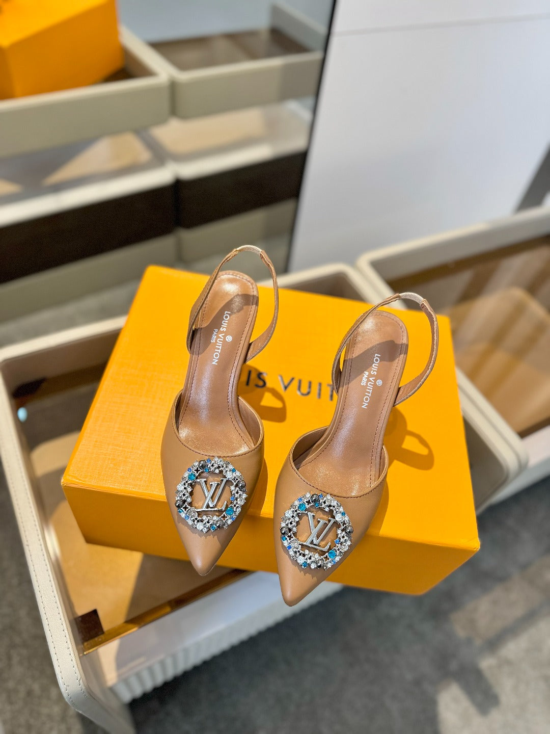 LOUIS VUITTON HIGH HEEL 75 MM SLINGBACK IN BRONZE BROWN CALFSKIN WITH CRYSTAL